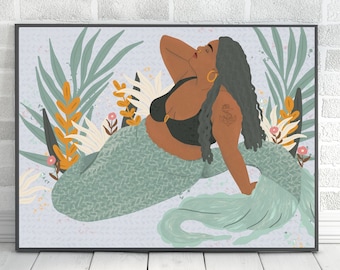 Mermaid Art Print, Black Girl Mermaid, Body Positive Art, Plus Size Art, Chubby Mermaid, Girls Room Art, Little Mermaid, Mermaid Painting