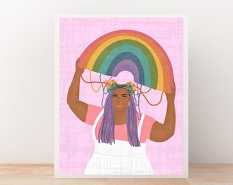 Head Full of Rainbows, Black Girl Art Print, LGBTQ Art,  Body Positive Art, Inspirational Art, Fashion art print, Plus Size, Fat Positive