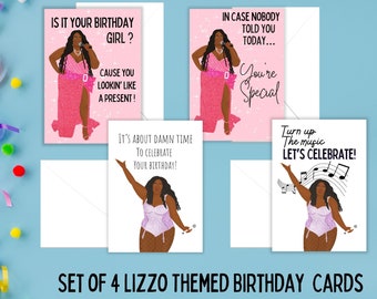 Lizzo Birthday Card, Assorted Birthday Cards, Set of 4,  Birthday, Feminist Greeting Card, Birthday Cards, Celebrity, Pop Culture Cards