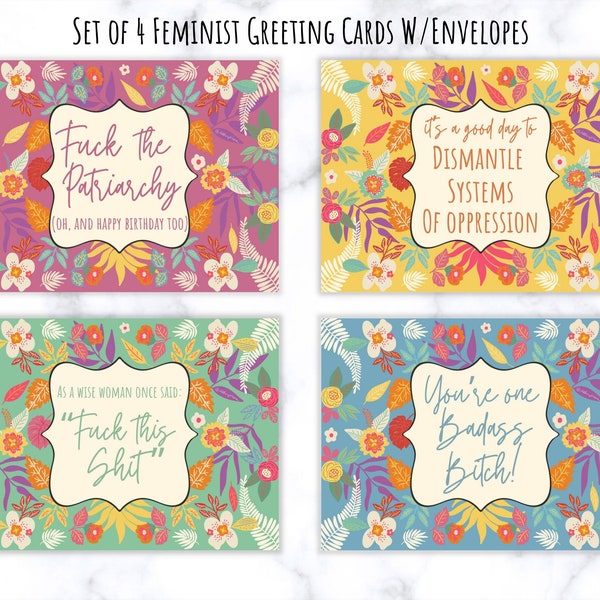 Feminist Greeting Card Set, Feminist Cards, Assorted Birthday Cards, Set of 4, Birthday Cards, Funny Cards for Women, Fuck the Patriarchy