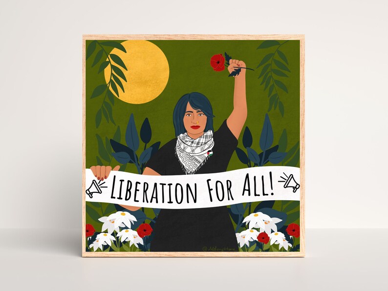 Free Palestine Art, Liberation For All, Protest Art Print, Social Justice Art Prints, Botanical Art, Keffiyeh Art, Palestinian Keffiyeh image 1