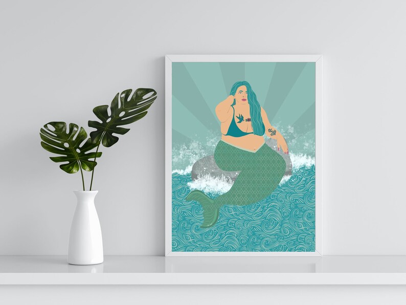 Mermaid Art Print, The Sea Witch, Body Positive Art, Plus Size Art, Chubby Mermaid, Girls Room Art, Ocean Beach Decor, Mermaid Painting image 1