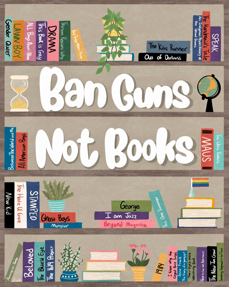 Ban Guns Not Books Art Print, Banned Books Art, Bookshelf Decor, Book Lovers Gift, Librarian, Book Art Print, Bookshelf Painting, Book Art image 2