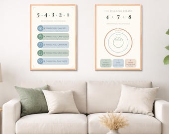 Grounding Technique + Breathing Technique Posters, Mindfulness Exercises Wall Art (Digital Downloads)