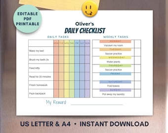Chore Chart Printable for Kids, Editable Daily Responsibility Checklist (Digital Download)