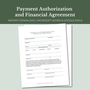 Pode incluir: Um documento branco intitulado Payment Authorization and Financial Agreement com campos para o nome do titular, endereço de faturação, informações de cartão de crédito e detalhes de seguro, incluindo caixas de seleção para cartões.