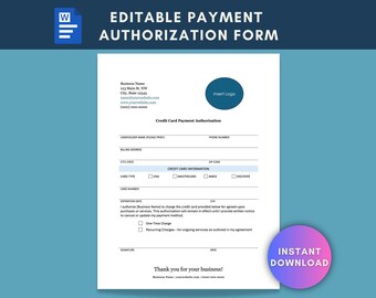 Editable Credit Card Authorization Form Template: Small Business Payment (Digital Download)