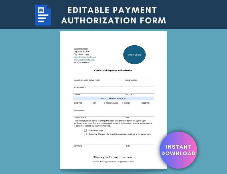 Editable Credit Card Authorization Form Template: Small Business ...
