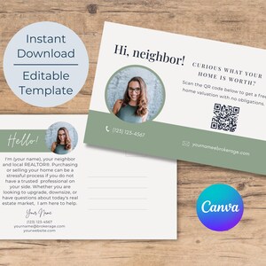 Könnte beinhalten: Immobilien-Postkarten mit einem Foto einer Frau, den Texten „Hallo Nachbar!“ und „Hallo!“, sowie einem QR-Code. Das Design ist hellgrün und weiß, mit dem Canva-Logo. Die Karten sind als editierbare Vorlagen gestaltet.