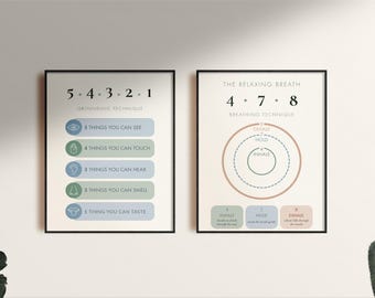 Aardingstechniek + posters voor ademhalingsoefeningen, mindfulness-oefeningen, afdrukken geestelijke gezondheid (digitale downloads)