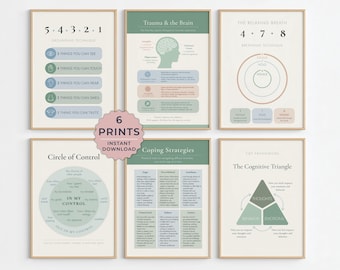 Decorbundel therapeutkantoor, CGT-posters, Circle of Control, copingstrategieën, bundel geestelijke gezondheidafdrukken (digitale download)