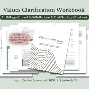 May include: An 8-page Values Clarification Workbook with a white cover featuring black wavy lines and the text Values Clarification, A Guided Exercise to Identify Your Core Values and Align Your Life with What Matters Most, plus a pink note.