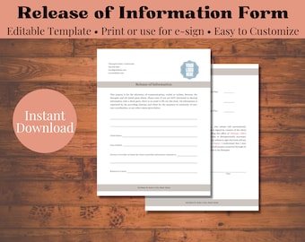 Release of Information, Editable Client Intake Template, Mental Health Private Practice Form