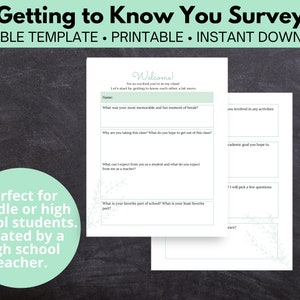 Getting to Know You Student Questionnaire, All About Me Survey, Editable Template Instant Download