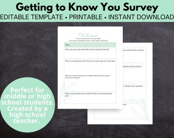 Getting to Know You Student Questionnaire, All About Me Survey, Editable Template Instant Download