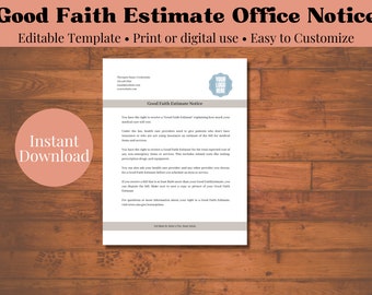 Good Faith Estimate Notice, Editable Template, Mental Health Provider Office Display