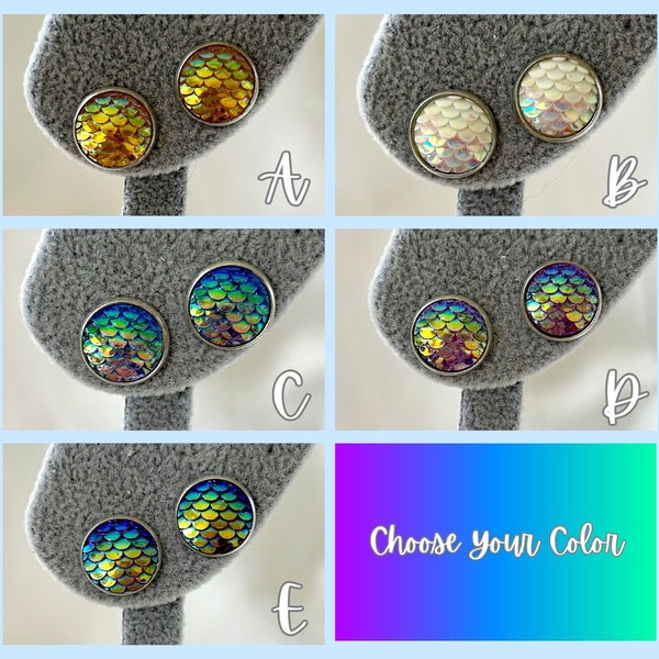 12mm Mermaid/ Dragon Cabochon Stud Earrings in Various Colors in a Silver Setting