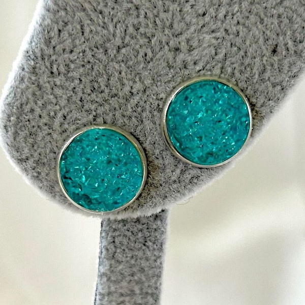 12mm Druzy Cabochon Stud Earrings in Turquoise in a Silver Setting