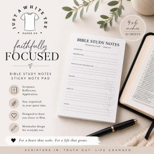 Notitieblok voor Bijbelstudie met plaknotities | Christelijk notitieblok 4x6 inch | Minimalistische Bijbelstudieplanner | Bureauonderlegger met geloofsthema | Notitieblok met printbare inhoud