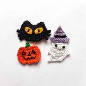 Virkade Halloween-applikationer, applikation med svart katt och pumpa, Halloween-dekoration