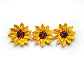 Crochet sunflower applique 3pcs, Yellow embellishment flowers 1.8in