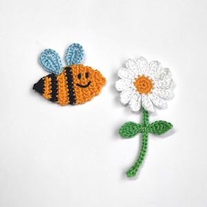 Crochet bumble bee applique, crochet daisy, happy bee,