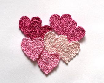 Crochet pink hearts Cotton applique 8 pcs Multicolored heart Decorative motif T-Shirt Applique Wedding decoration Handmade from ukraine