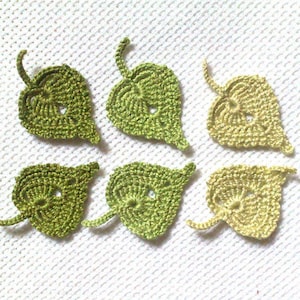 Può includere: Sei applicazioni a forma di foglia all'uncinetto in tonalità di verde e verde-giallo. Ogni foglia ha un foro centrale e un gambo. Le foglie sono disposte su una superficie bianca e strutturata, suggerendo un progetto artigianale o un elemento decorativo.
