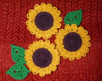 Set of 3 Crocheted Sunflower with leaves Flower Applique Embellishment  Yellow flower Sunflower applique