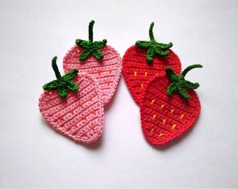 Crochet strawberry applique 2pcs Red strawberry motif Pink strawberry