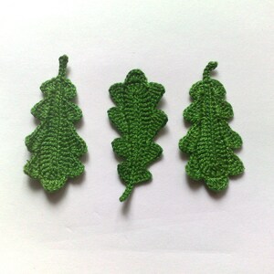 May include: Three handmade green crochet oak leaves are shown against a white backdrop. The leaves have detailed veining and a textured appearance, showcasing the craftsmanship. These decorative leaves are ideal for crafting and seasonal decor.