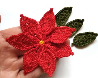 かぎ針編みのポインセチア 1輪の花と3枚の葉 赤い花 クリスマスフラワー ホリデーデコレーション クリスマス用のかぎ針編み