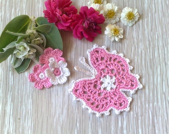 Crochet butterfly and 3 Crochet Daisies Crocheted applique Butterfly applique Girls applique Summer applique