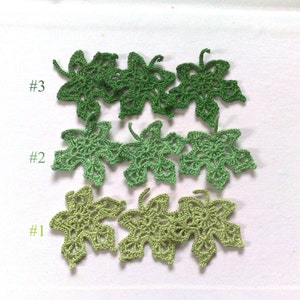 May include: Crocheted leaf appliques in three shades of green. The leaves are arranged in rows, with each row displaying a different colour: light green, medium green, and dark green. The image includes the numbers #1, #2, and #3 next to each row.