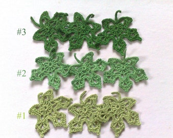 Set 3 green leaves of a maple crochet Small embellishments Applique leaves Green crochet maple Spring leaves