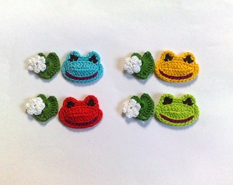 Crochet frog applique 1 pcs and small water lily  Cute Frog Smiling Frog  Embellishments Crochet Sealife