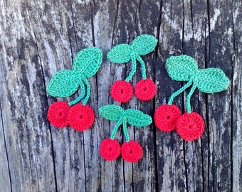 Applique cherry crochet Set of 4 Handmade cherry Cherries Applique