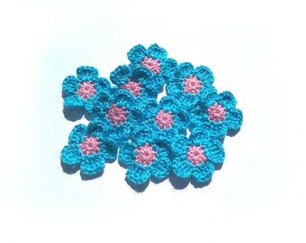 Crochet turquoise tiny flowers 10pcs, Gift decorations applique 0.9in