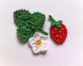 Crochet strawberry leaf, berry, flower applique Red strawberry motif