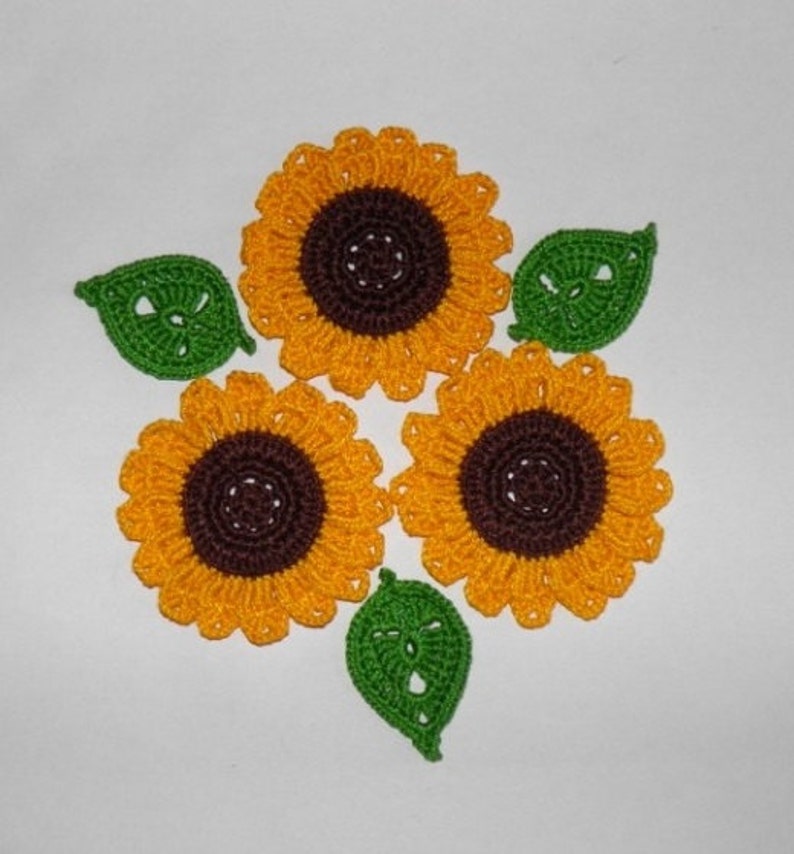 Set of 3 Crocheted Sunflower With Leaves Flower Applique Etsy