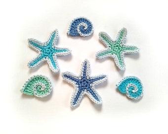 Estrella de mar de crochet de 1,5 pulgadas, concha de crochet de 1 pulgada, aplique de concha en espiral, aplique de vida marina