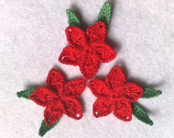 Set of 3 red flowers 6 leaves Crochet flowers Gift decorations Flower embellishment