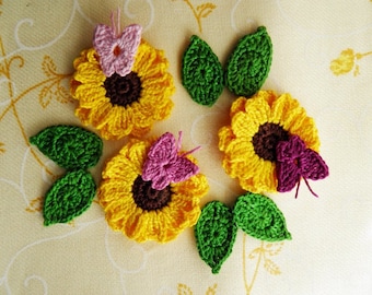 Set 3 sunflower, 6 leaves, 3 butterflies Appliques handmade Crocheted sunflower Flower Applique decorative flowers small Embellishment