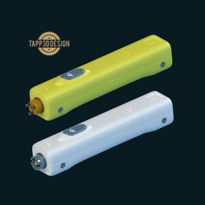 May include: Two handheld devices, one yellow and one light blue, with a button and a connector on each end. The devices are labelled "TAPP3DDESIGN".