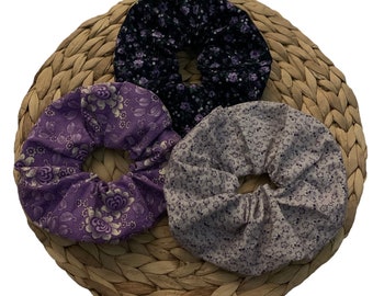 3 Pack ~ Purple floral fabric HAIR SCRUNCHIES, Hair Tie hair band
