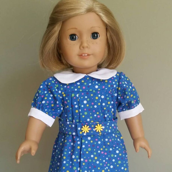 1930s-style blue and white polka dot dress. Fits American Girl and other 18" dolls.