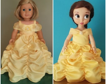 Belle's deluxe yellow ball gown with rippled panel skirt. Costume for American Girl and Disney Animators doll.
