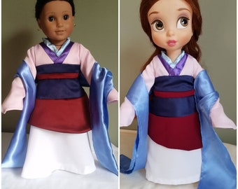 Mulan's pink, white and blue formal dress. Costume for American Girl and Disney Animators doll.