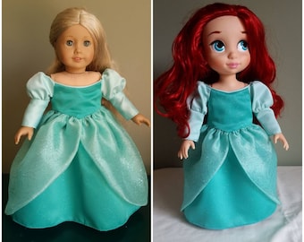Mermaid Princess's green ball gown. Costume for 18" dolls and Disney Animators doll.