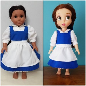 La Bella e la Bestia, l&#39;abito blu del villaggio di Belle con grembiule bianco. Costume per bambola American Girl e Disney Animators.